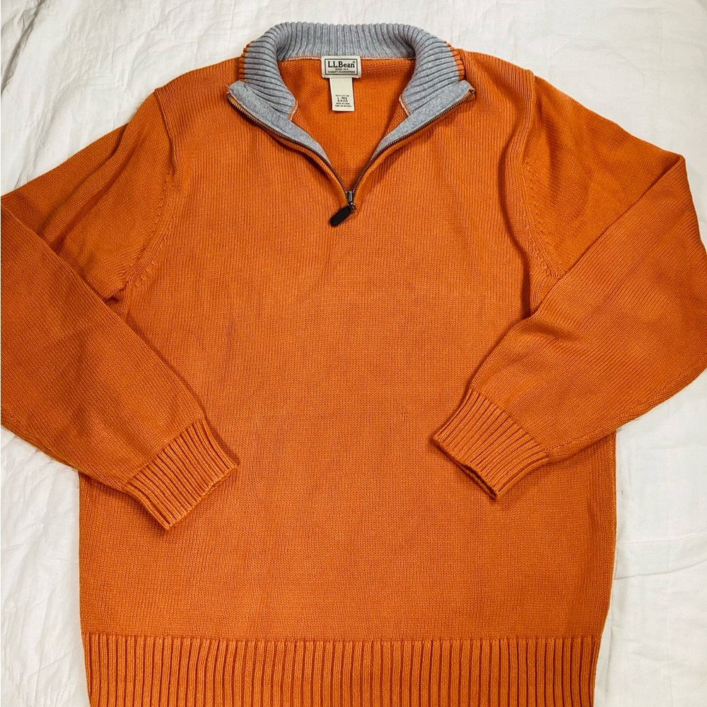 Men’s LL Bean 1/4 Zip Pullover‎ Knit Sweater Orange Large Reg